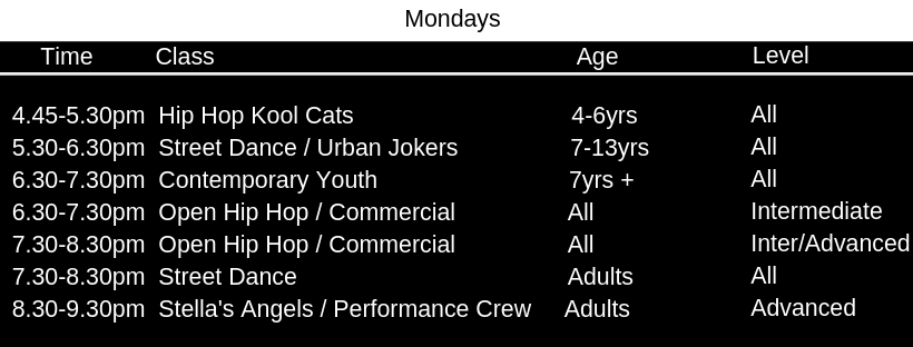Monday Classes Monday Classes